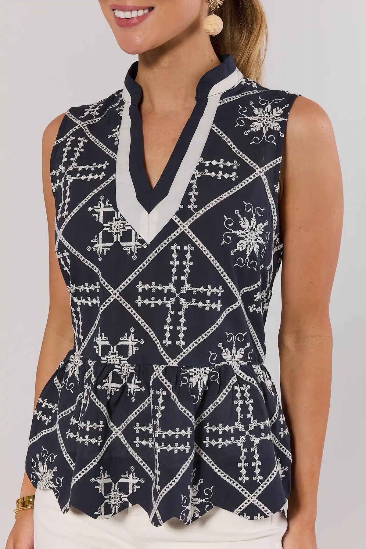 Lyric Navy Embroidered Tank Top - Close-Up Detail, Allover Geometric Embroidery & Peplum Hem | Avara