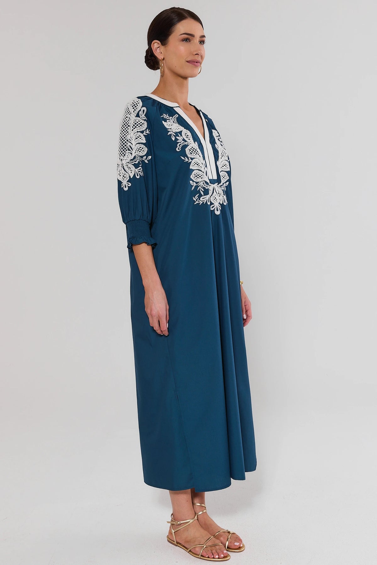 Vivian Navy Embroidered Midi Dress - Side Profile View, flowy modest silhouette | Avara