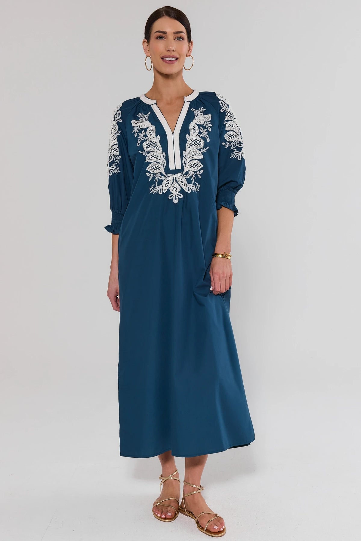 Vivian Navy Embroidered Midi Dress - Full Length Front View, modest midi hem with sandals | Avara