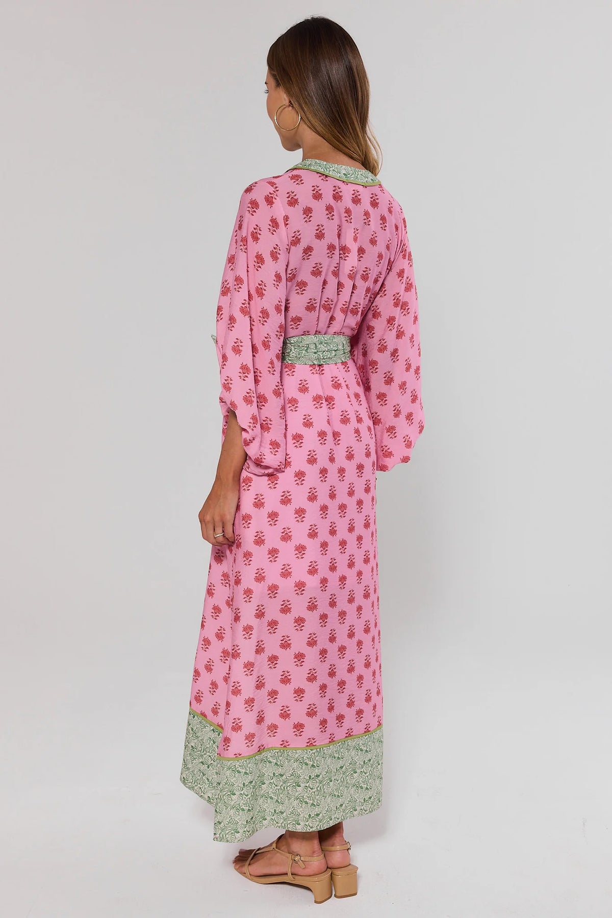 Tessa Pink Printed Tie Waist Dress - Back View, Modest Midi Length Floral Block Print with Green Border Hem | Avara