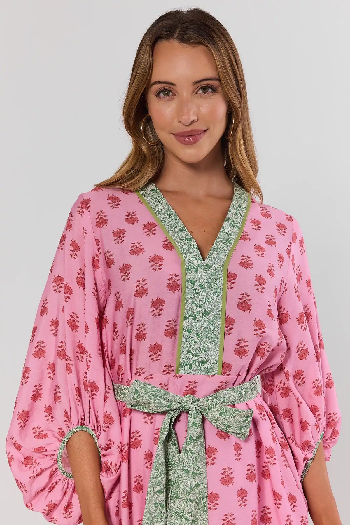 Tessa Pink Printed Tie Waist Dress - Close-Up Neckline, Floral Block Print with Green Bow Tie Belt | Avara