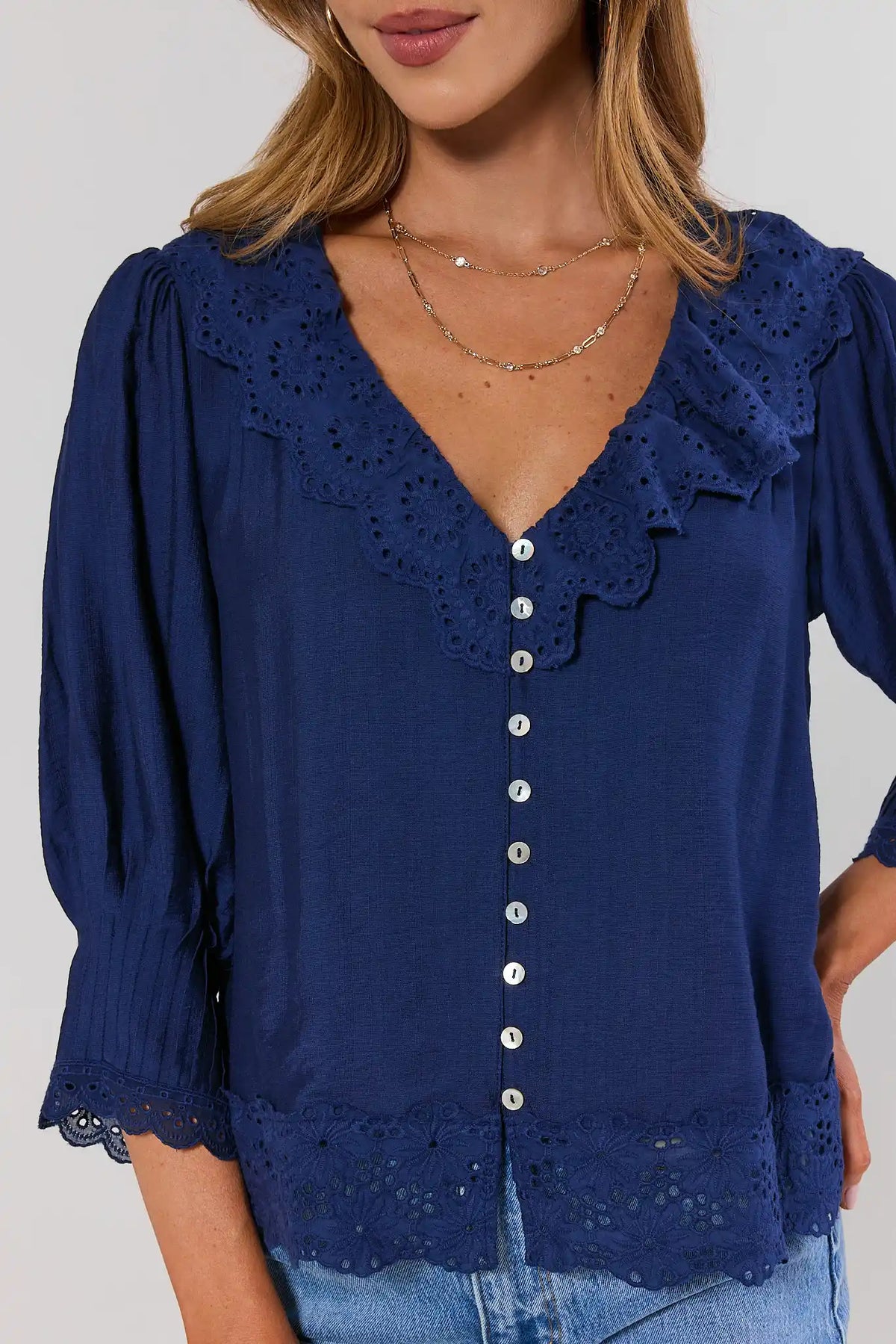 Navy Embroidered Button Up Top eyelet trim and button placket close-up detail | Avara