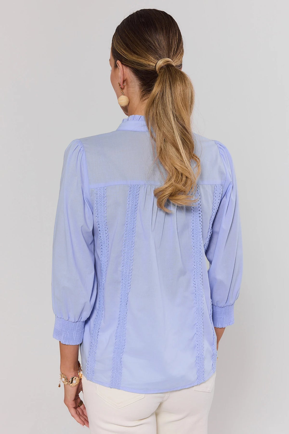 Archer Light Blue Button Up Top lace inset detail on back with smocked 3/4 sleeves - Back View | Avara