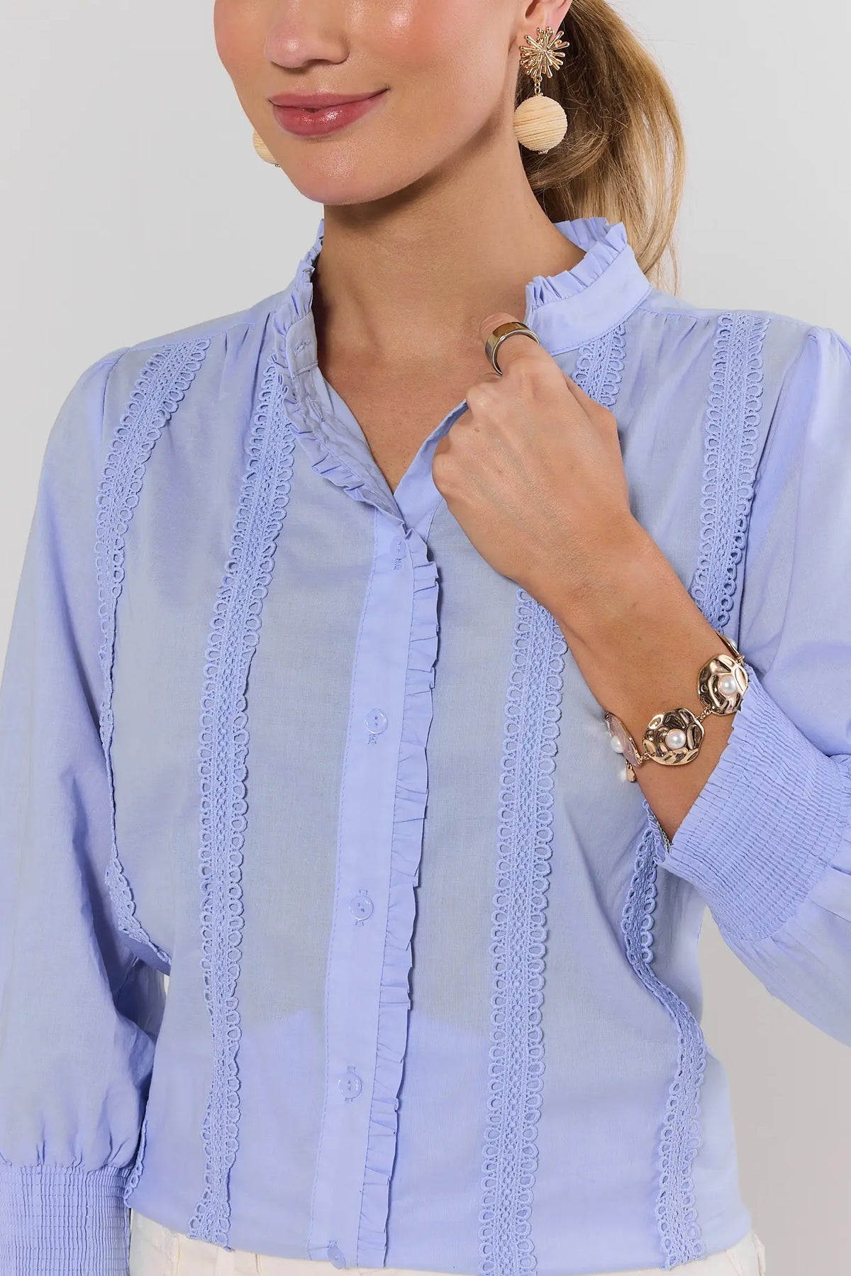 Archer Light Blue Button Up Top close-up showing lace trim and smocked cuffs - Detail View | Avara
