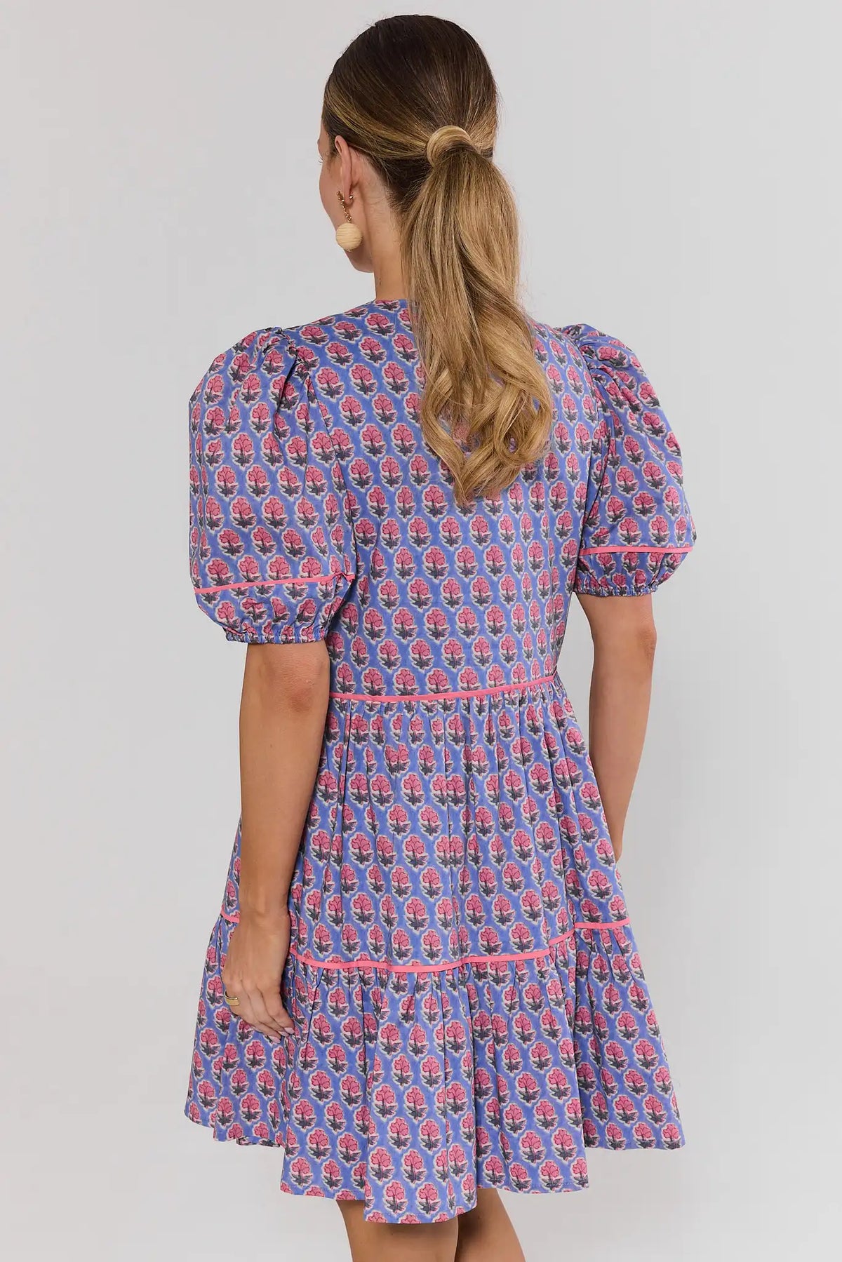 Landry Blue Floral Print Tiered Short Dress with Puff Sleeves - Back View On Model | Avara