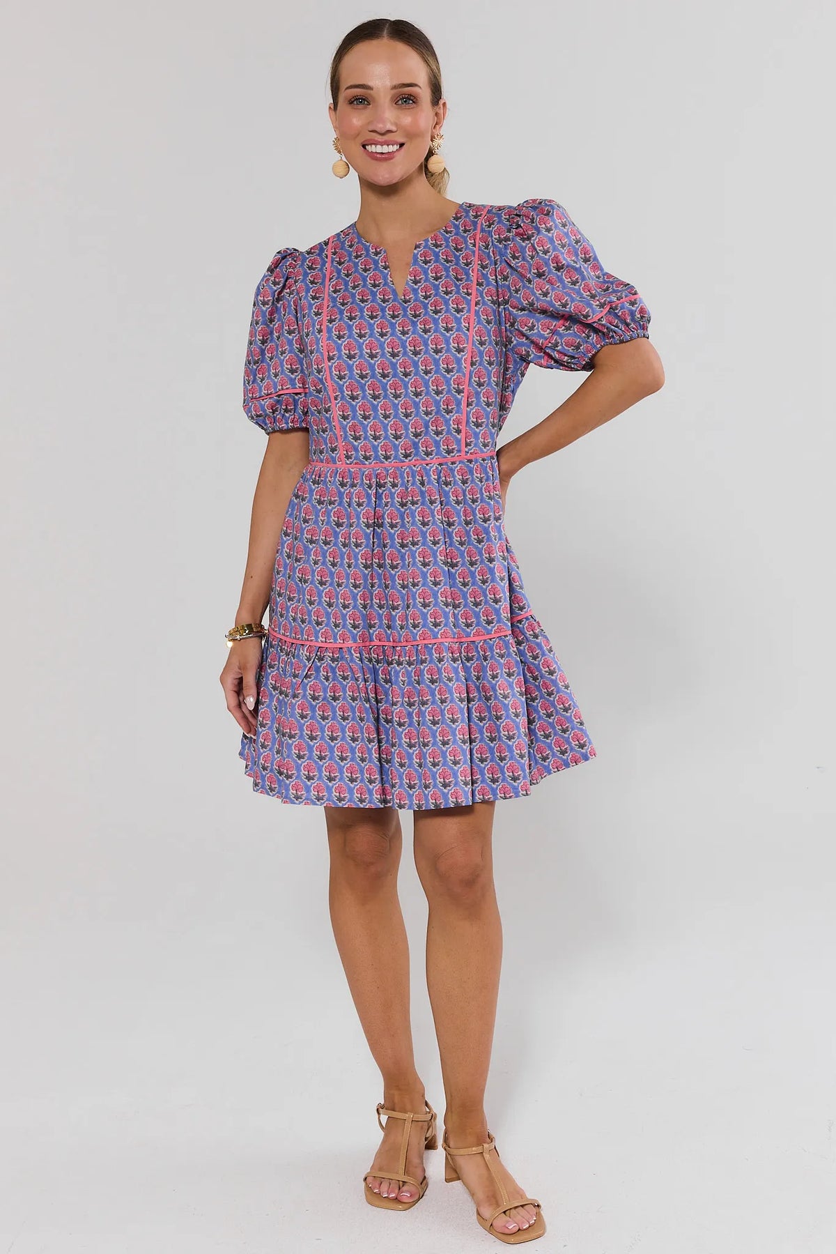 Landry Blue Floral Print Tiered Short Dress - Full Length On Model | Avara