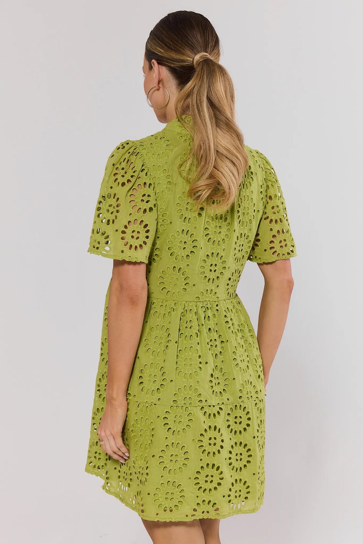 Green Eyelet Embroidered Short Dress - Back View, Tiered Skirt Detail | Avara