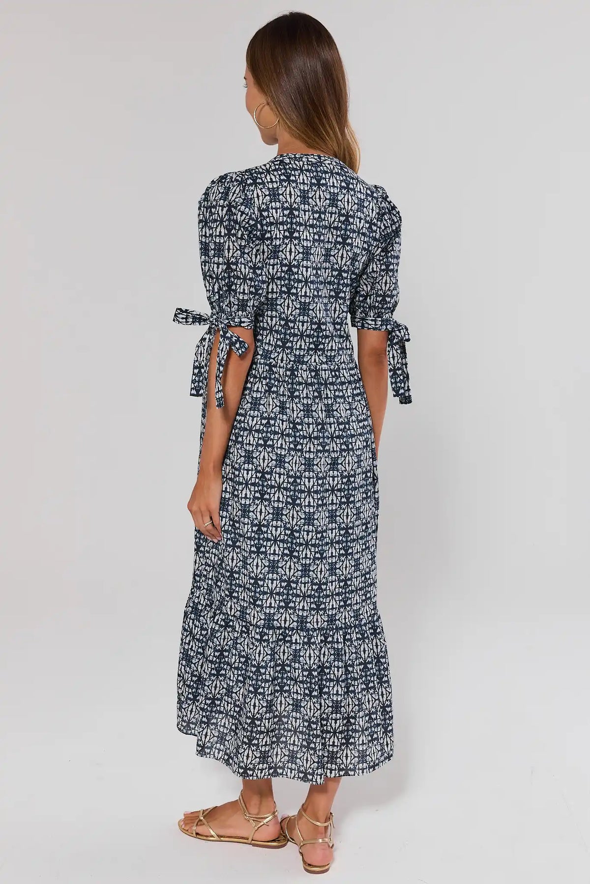 Navy Print Tiered Midi Dress - Back View, Tiered A-Line Silhouette | Avara