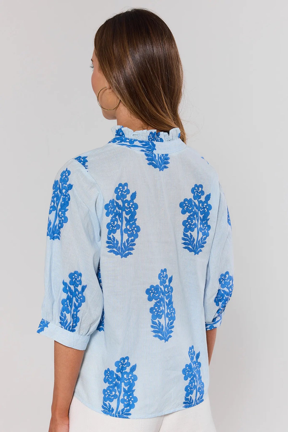 Blue floral print button-up top by THML - Back View, ruffled collar & 3/4 sleeves | Avara