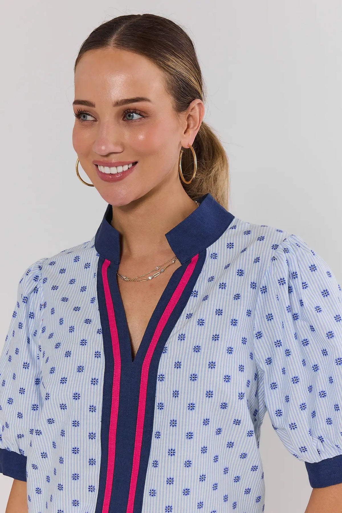 Blue Pinstripe Embroidered Dot Top V-neckline and navy collar close-up detail - On Model | Avara