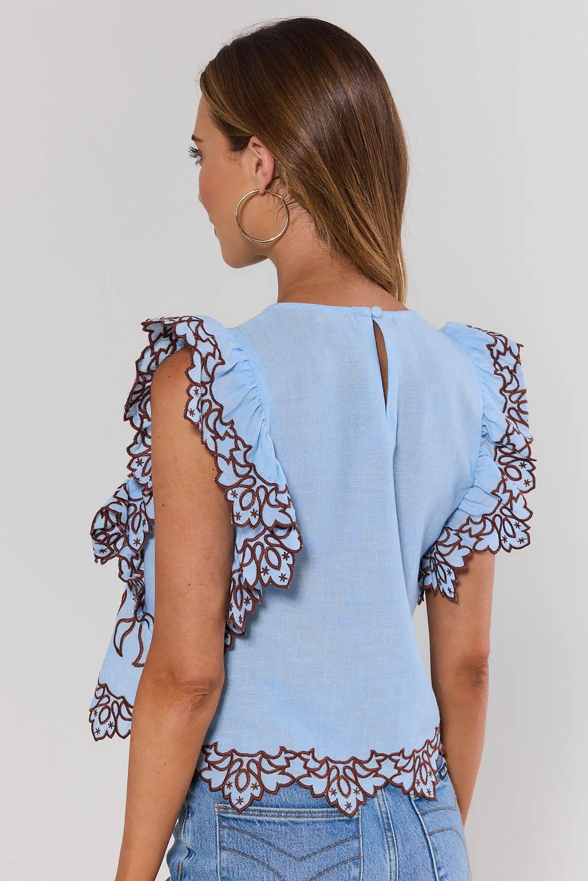 Brayden Blue Embroidered Top by THML - Back View, scalloped hem & embroidered flutter sleeves | Avara