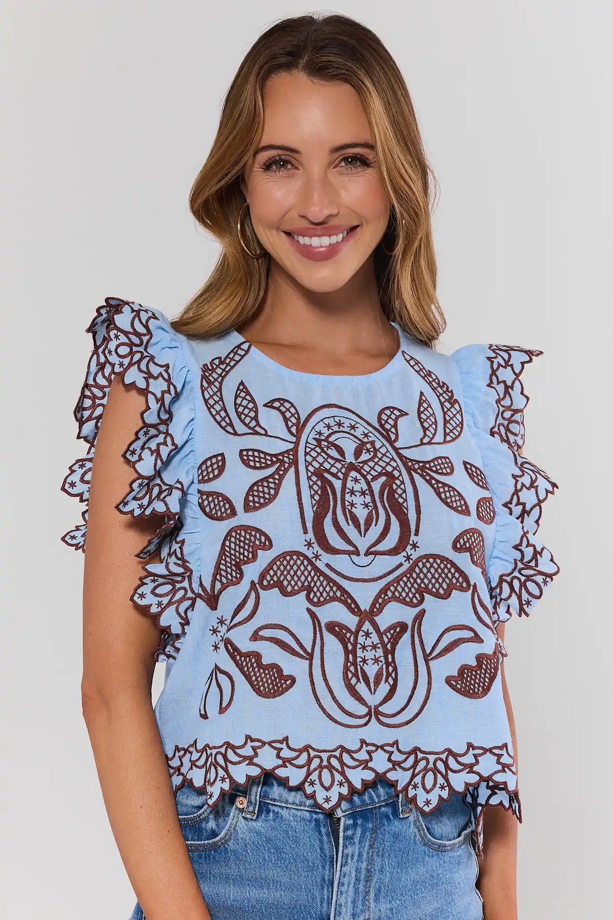 Brayden Blue Embroidered Top by THML - Front View, flutter sleeves & brown floral detail | Avara