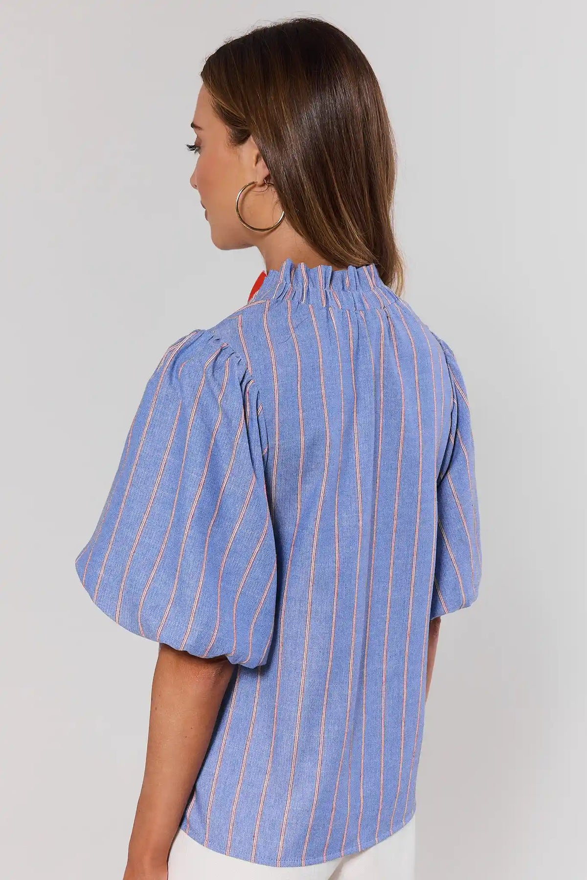 Blue Striped Contrast Trim Top by THML showing puff sleeves and ruffle neckline - Back View | Avara