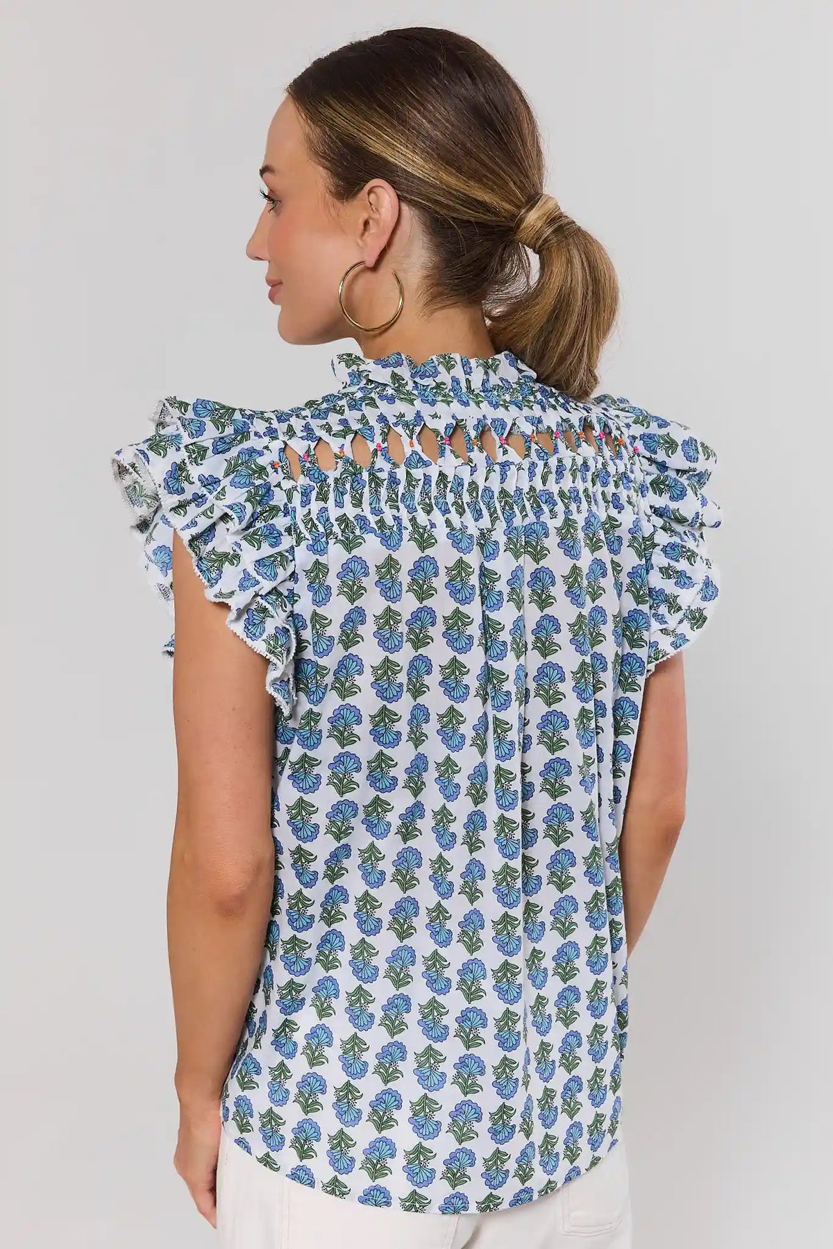Blue Floral Flutter Sleeve Top by THML - Back View, Smocked Detail On Model | Avara