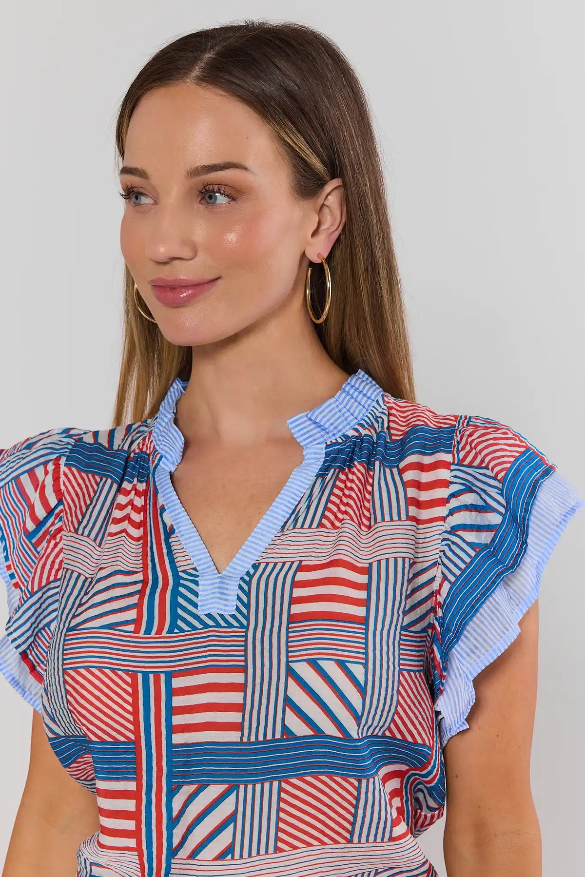 Lisa Patchwork Striped Top by THML - V-neck ruffle collar close-up detail in red, white & blue | Avara