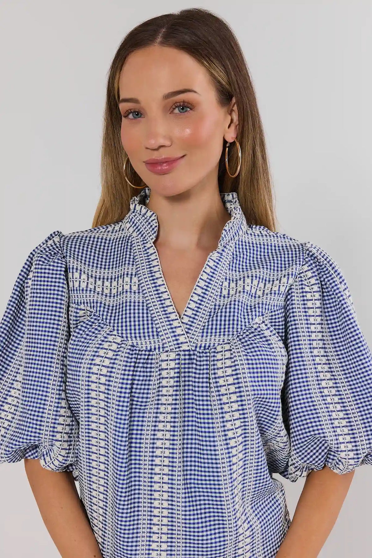 Winnie Blue Gingham Embroidered Top by THML - Close-Up Neckline & Embroidery Detail | Avara