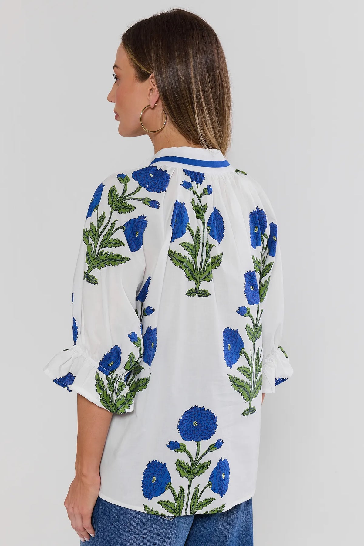 Angelica White Floral Print Top ruffle cuff sleeves and allover blue floral - Back View | Avara