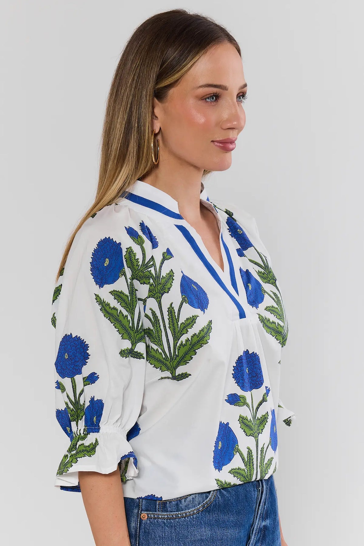 Angelica White Floral Print Top blue poppy print relaxed blouse - Side View | Avara