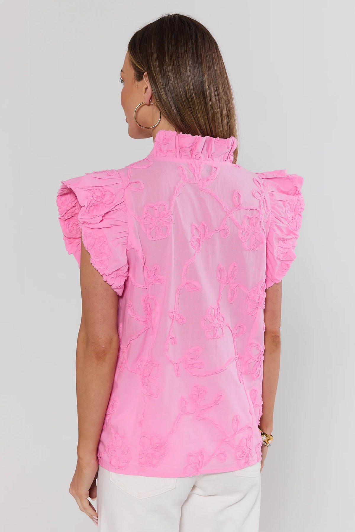 Sandra Light Pink Textured Floral Top back view showing allover floral texture and ruffle sleeves | Avara