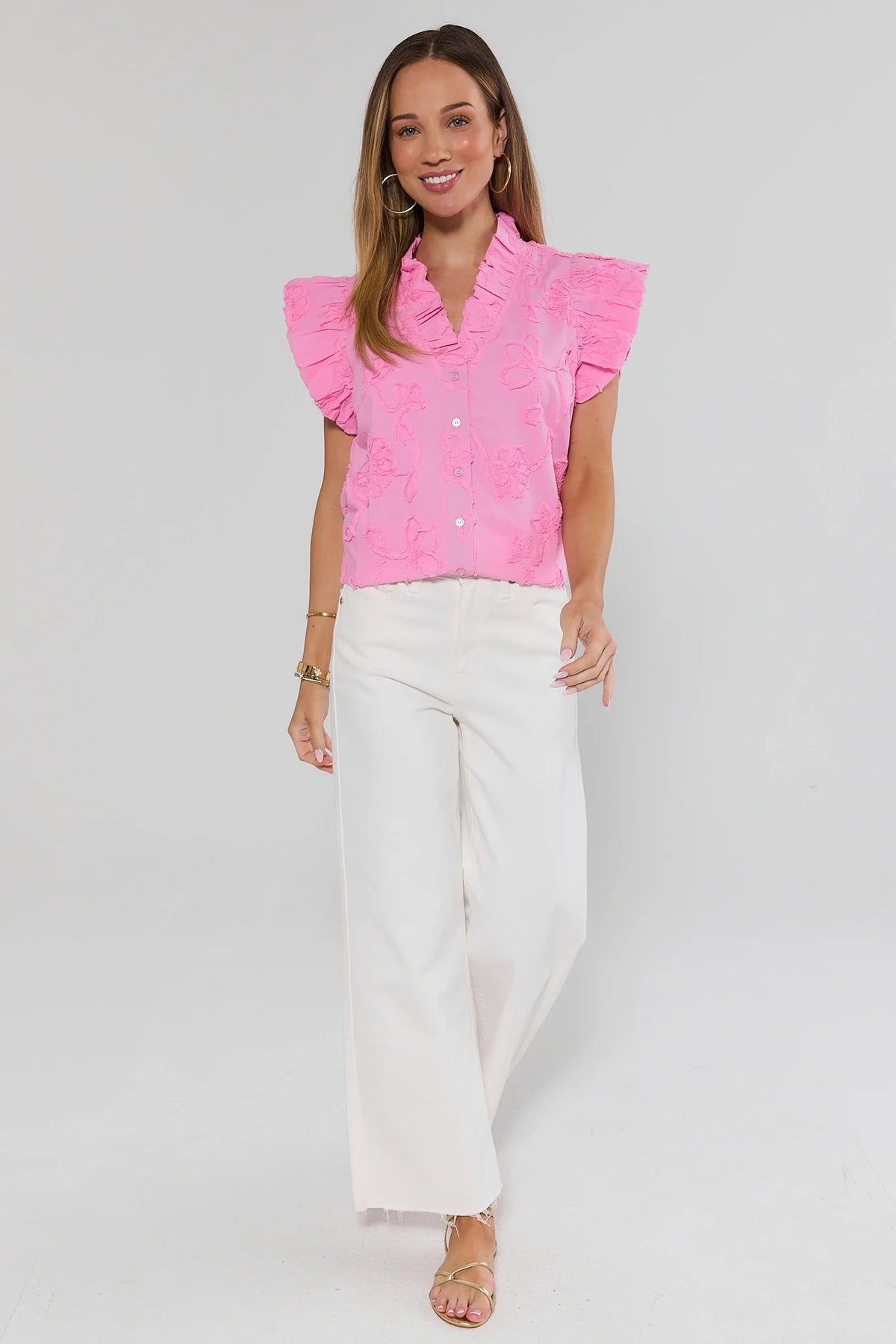 Sandra Light Pink Textured Top styled with white wide-leg pants, full-length front view | Avara