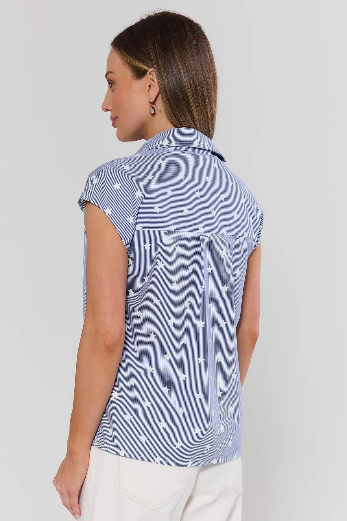 Blue star print striped button-up top with cap sleeves - Back View | Avara