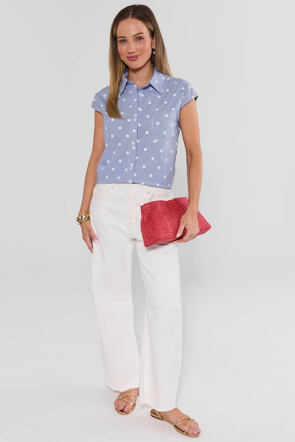 Stacey Striped Star Button-Up Top styled with white jeans and red clutch - Full Outfit View | Avara