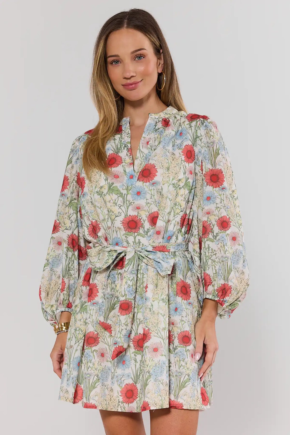 Multi Floral Print Short Dress - Front View, Long Sleeve Flowy Short Dress with Tie Waist | Avara