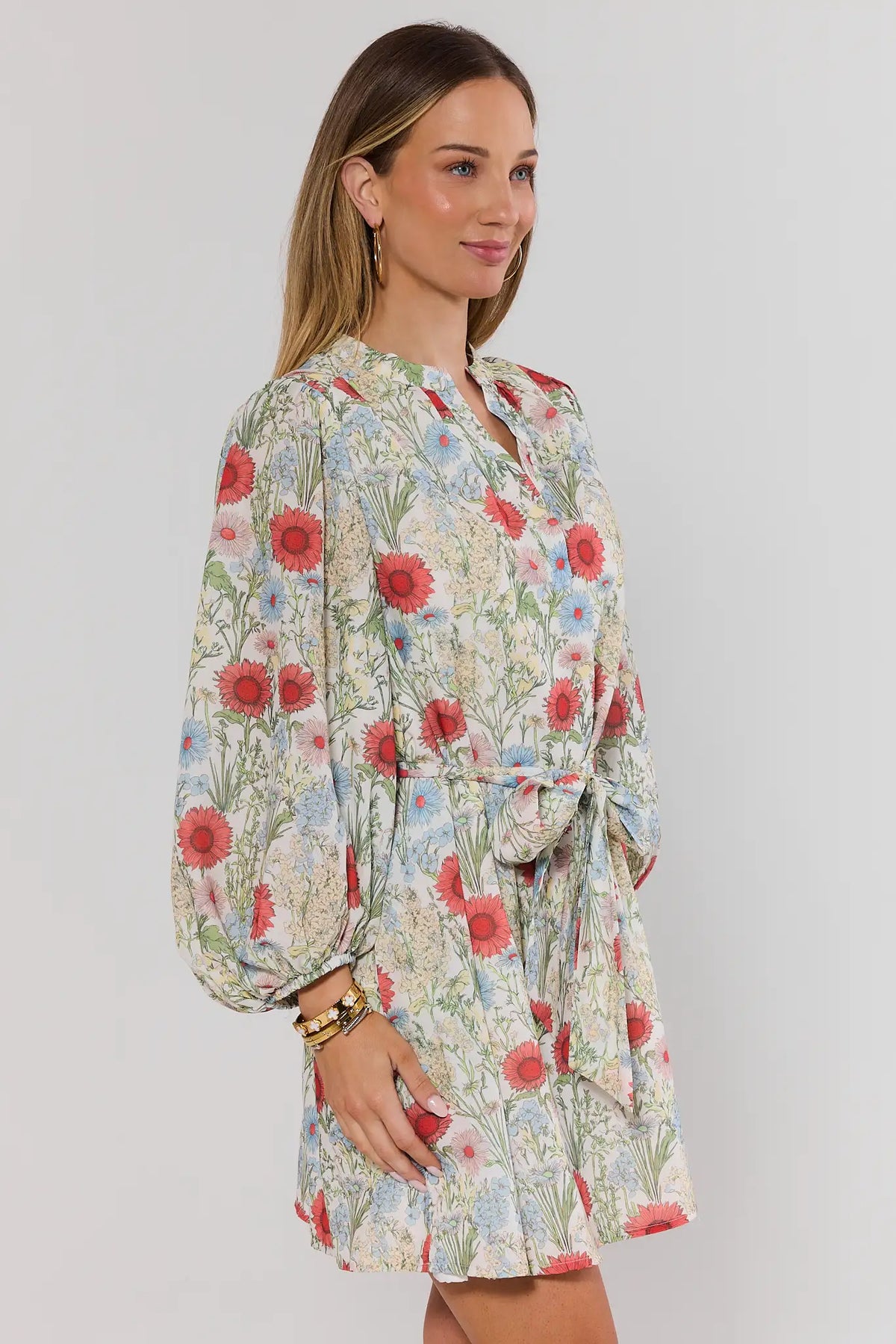 Multi Floral Print Short Dress - Side Profile, Balloon Sleeves & Tied Waist Detail | Avara