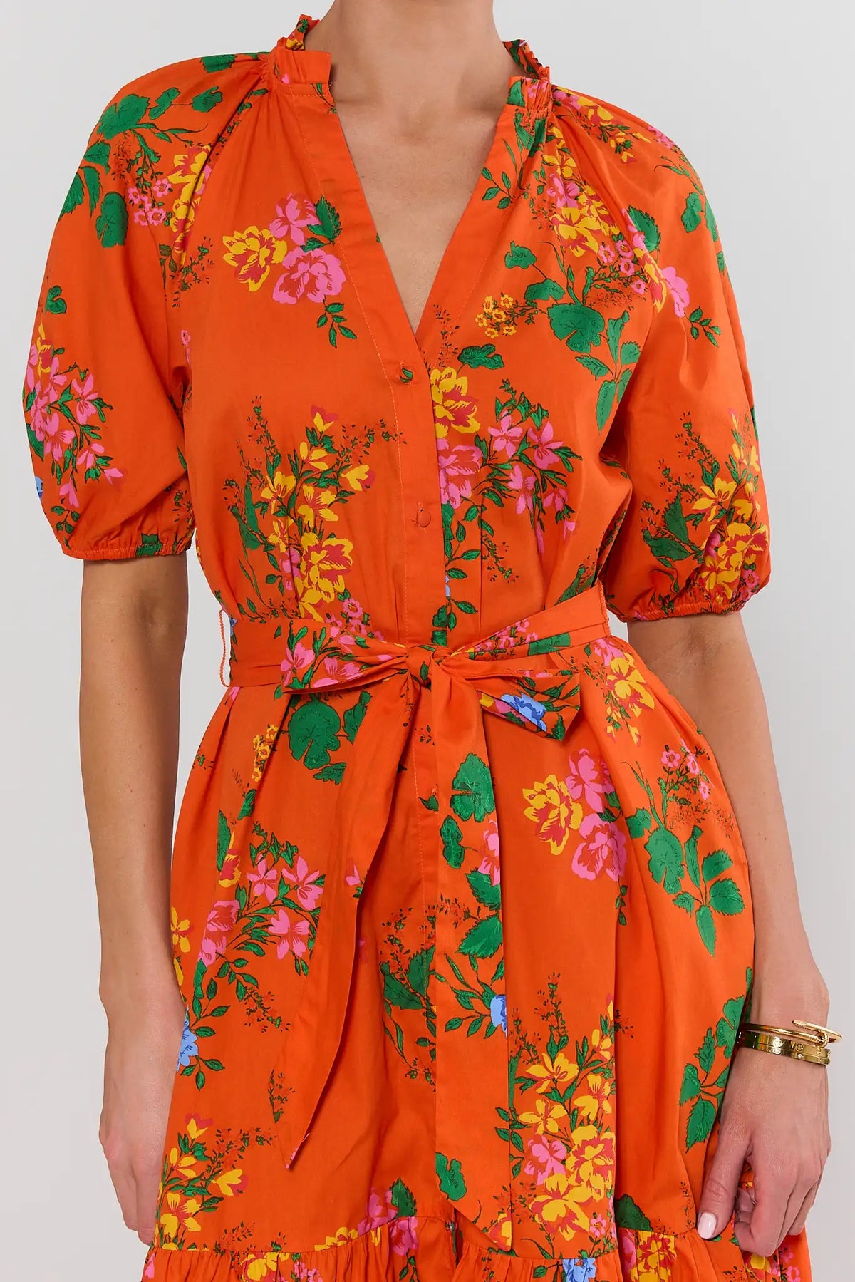 Anita Orange Floral Print Midi Dress - Puff Sleeve & Tie Waist Close-Up Detail | Avara