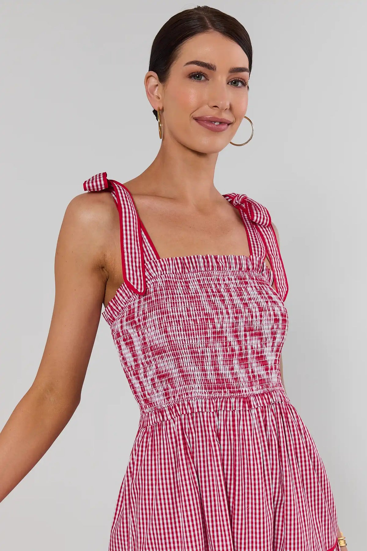 Grace Red Gingham Smocked Maxi Dress - Close-Up Bodice, smocked square neckline with gingham tie-bow straps | Avara