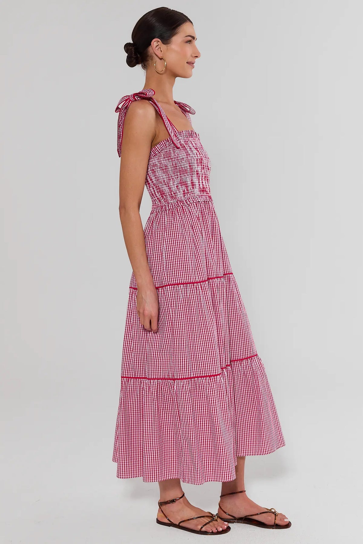 Grace Red Gingham Smocked Maxi Dress - Side Profile, ankle-length tiered red and white gingham skirt | Avara