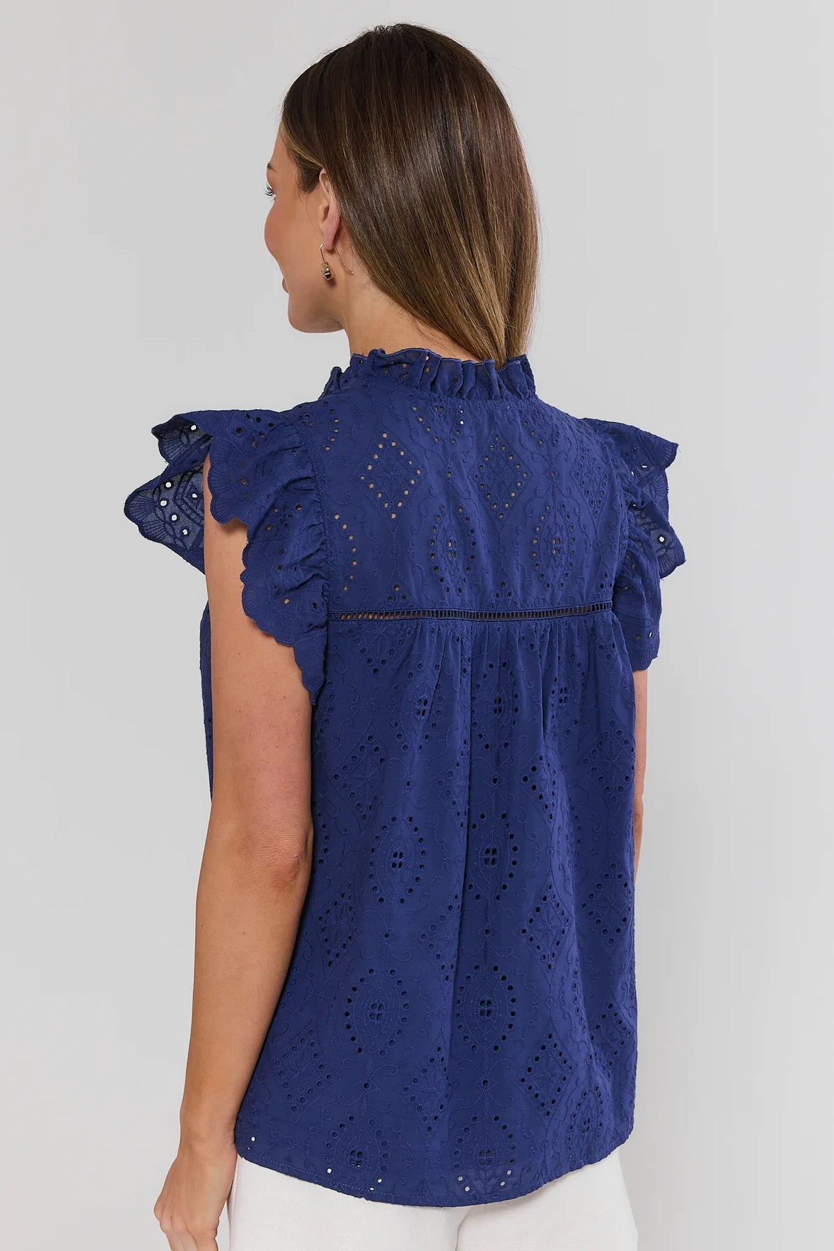 Navy Eyelet Flutter Sleeve Top - Back View Showing Eyelet Detail and Relaxed Silhouette | Avara