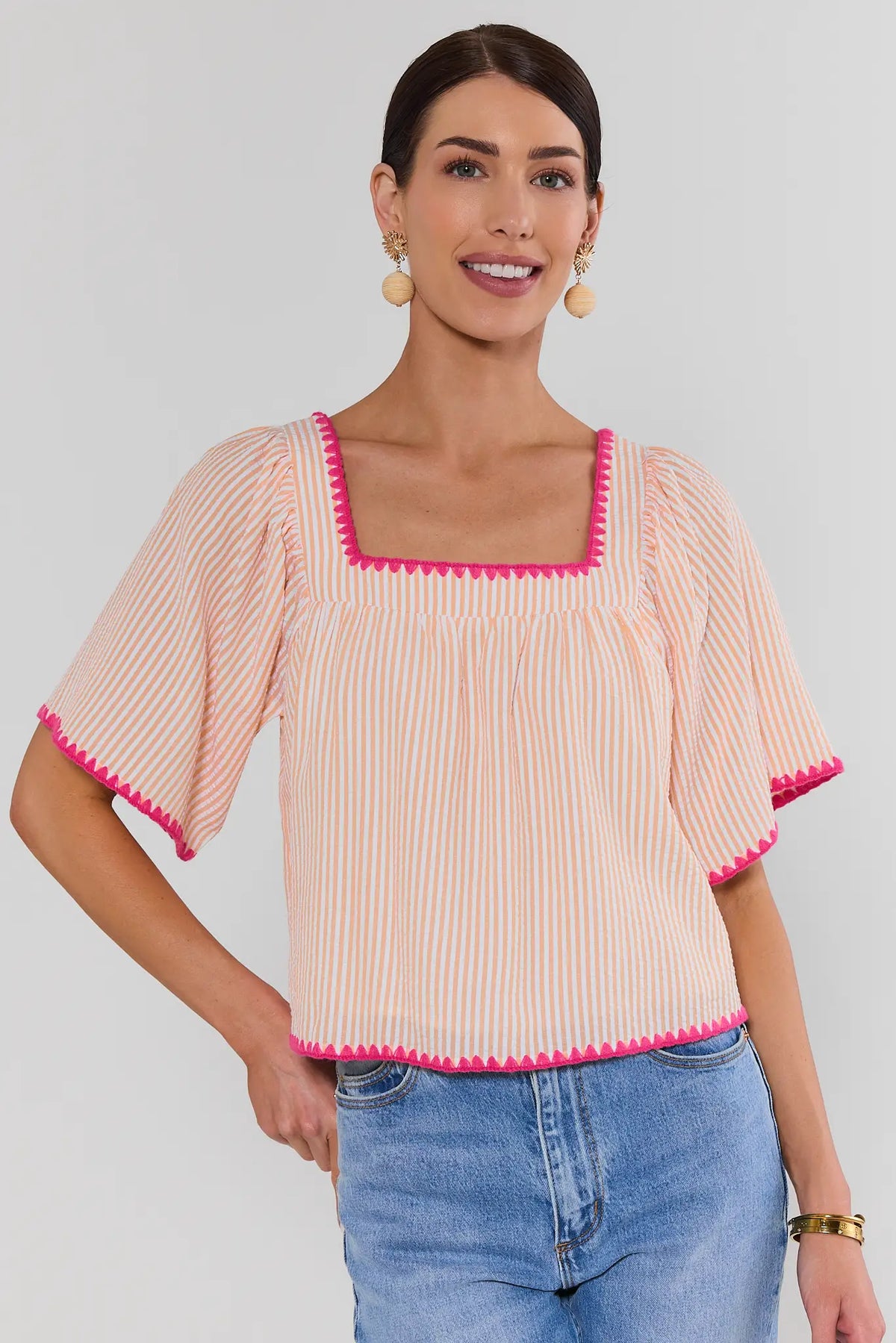 Orange striped seersucker square neck top with pink contrast trim - Front View | Avara