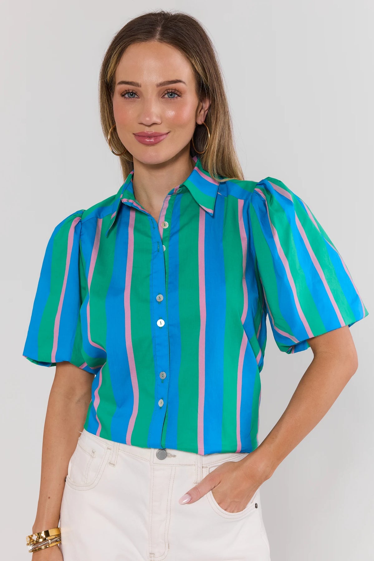 Blue Green Stripe Button-Up Puff Sleeve Top for Women - Front View | Avara
