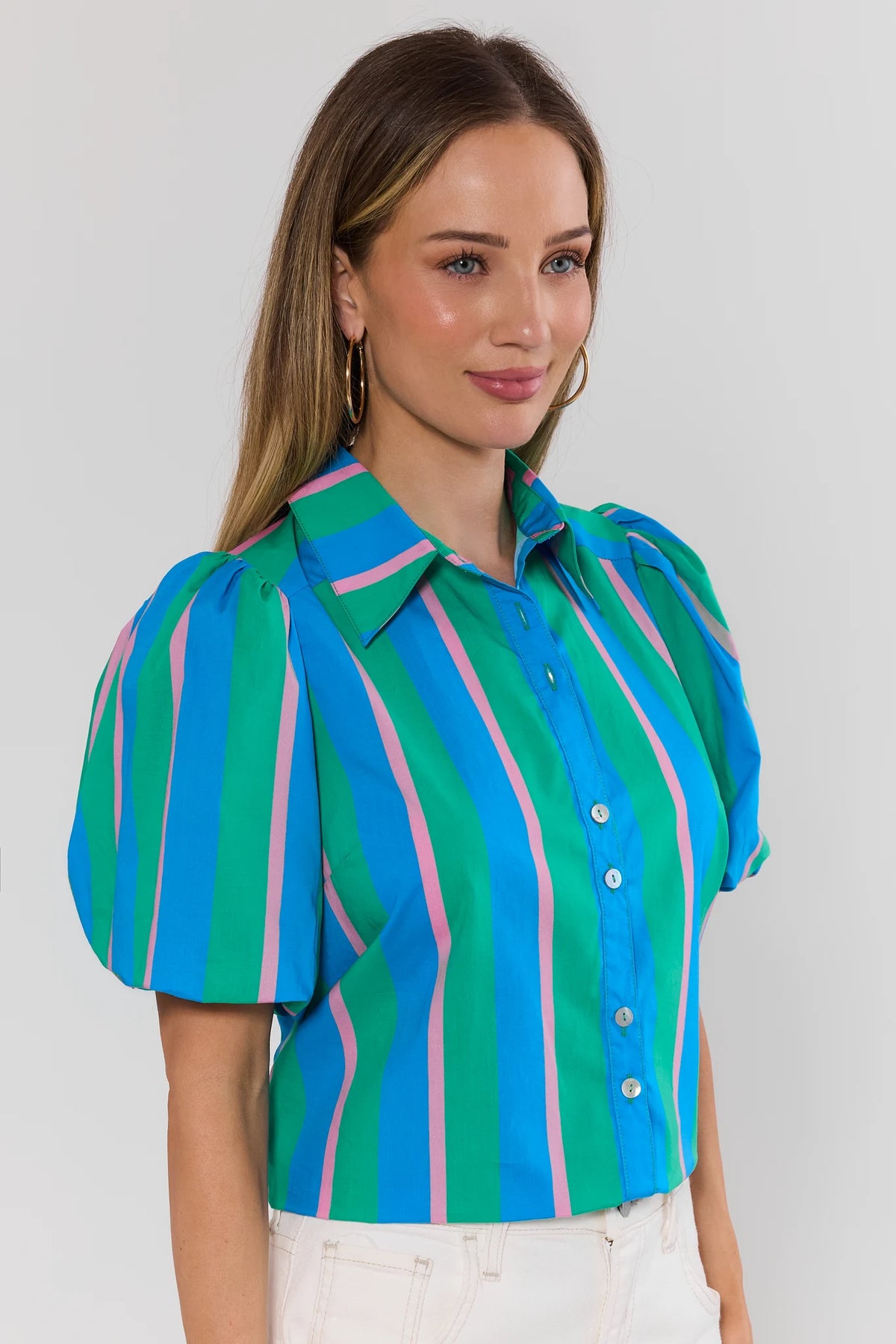 Blue Green Stripe Button-Up Puff Sleeve Top - Side Angle View | Avara
