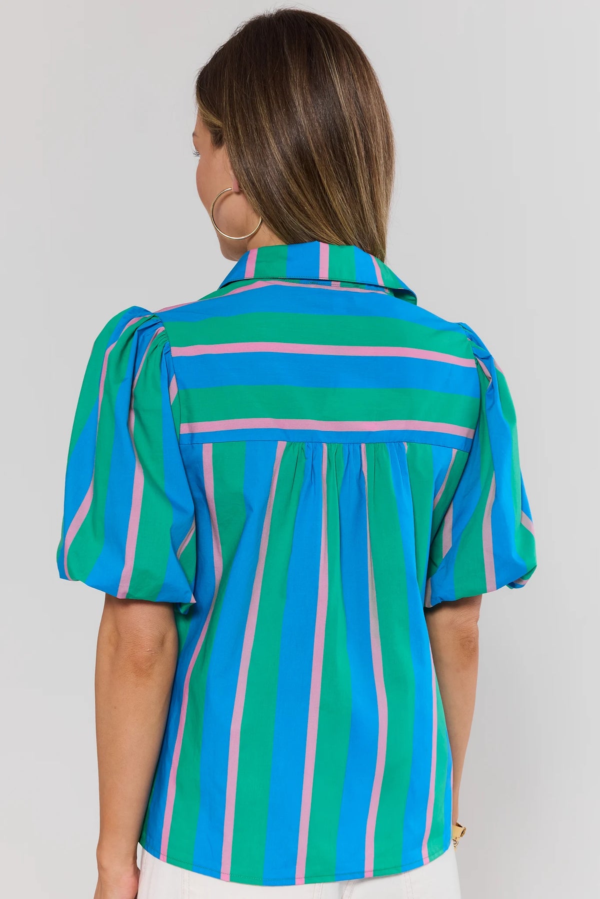 Blue Green Stripe Puff Sleeve Button-Up Top - Back View Showing Relaxed Fit | Avara