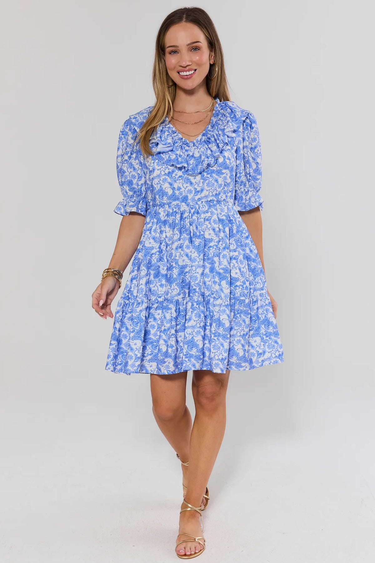 Blue Paisley Ruffle Short Dress with Gold Sandals - Full Length Front View | Avara