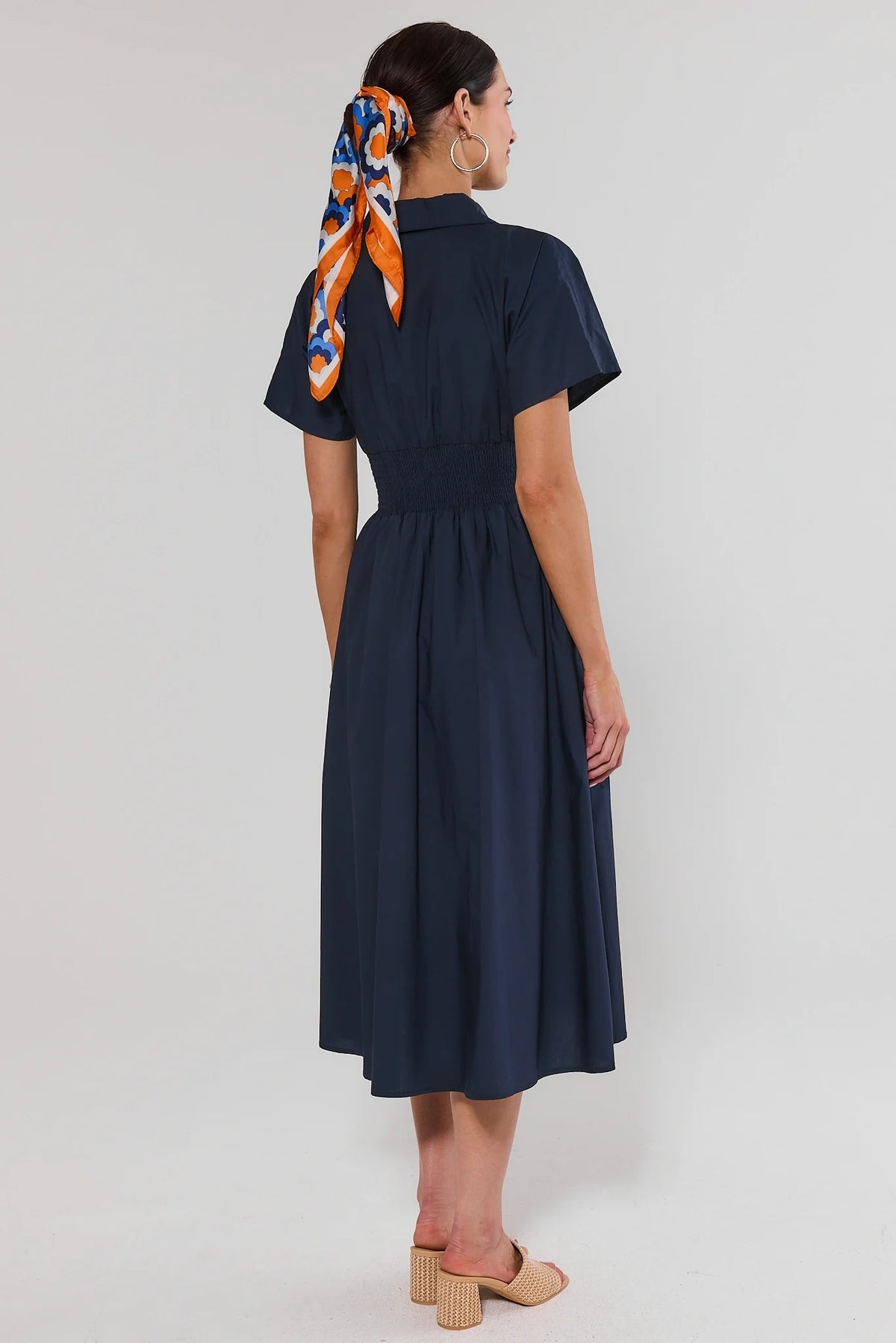 Navy Zip Up Midi Dress smocked waist and full skirt - Back View | Avara