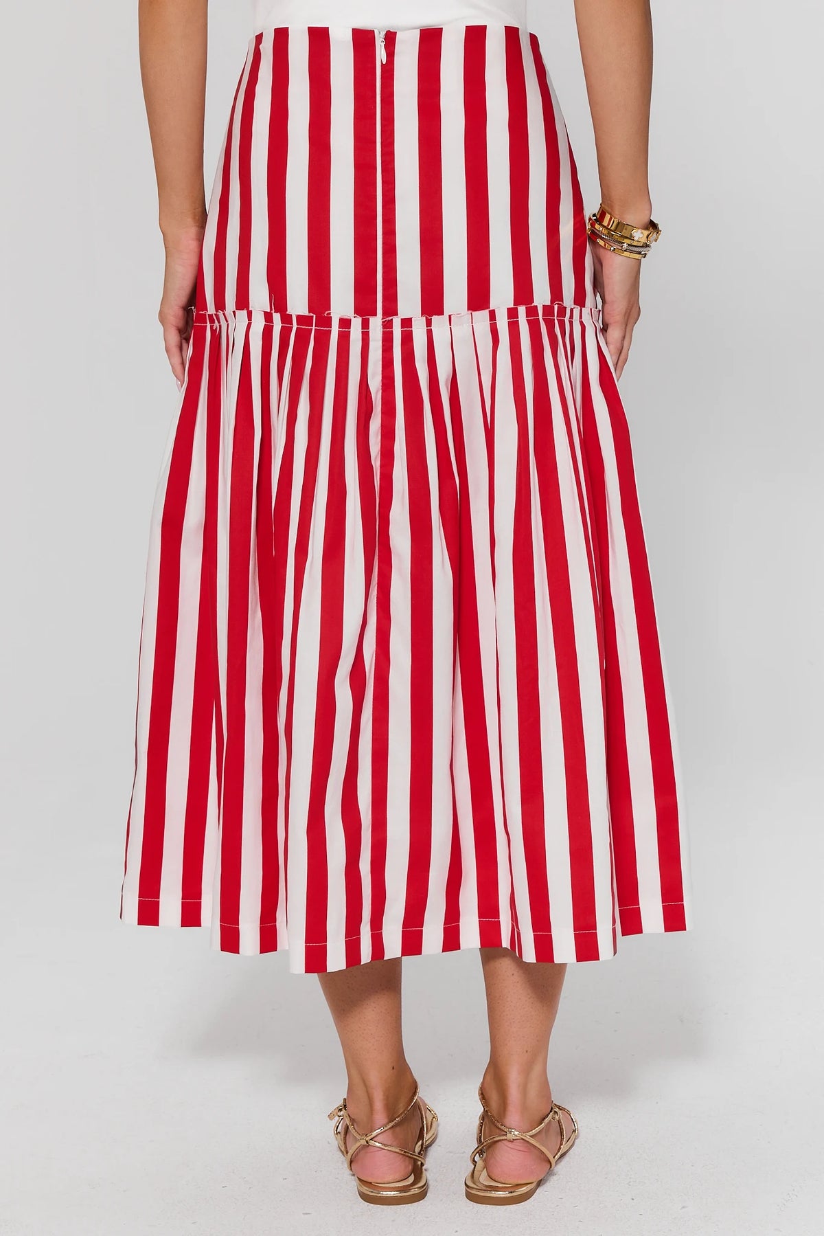 Red and white striped gathered midi skirt - Back View showing zipper closure and gathered detail | Avara