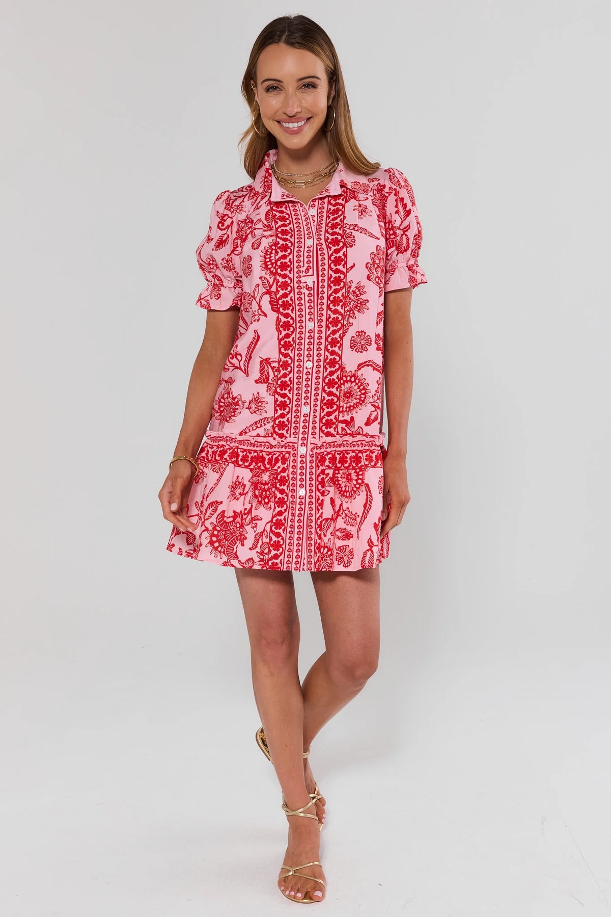 Sophia Pink Floral Button Up Short Dress with ruffle drop-waist hem - Full Front View on Model | Avara