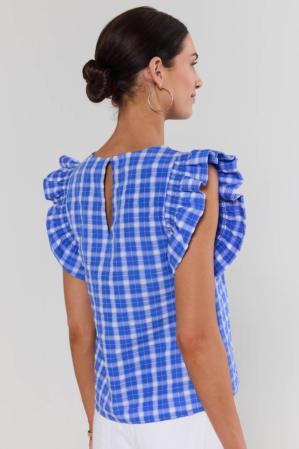 Bethany Blue Gingham Flutter Sleeve Top, back view showing keyhole closure and ruffle sleeve detail | Avara