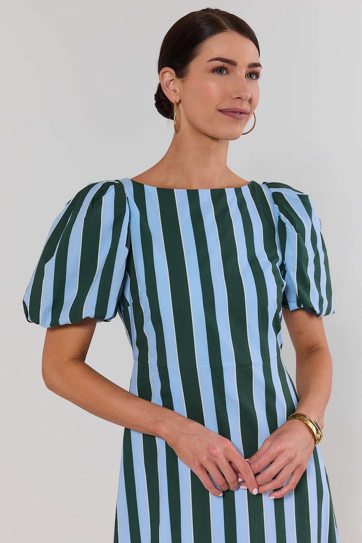 Blue striped puff sleeve midi dress close-up detail, puff sleeve and bateau neckline | Avara