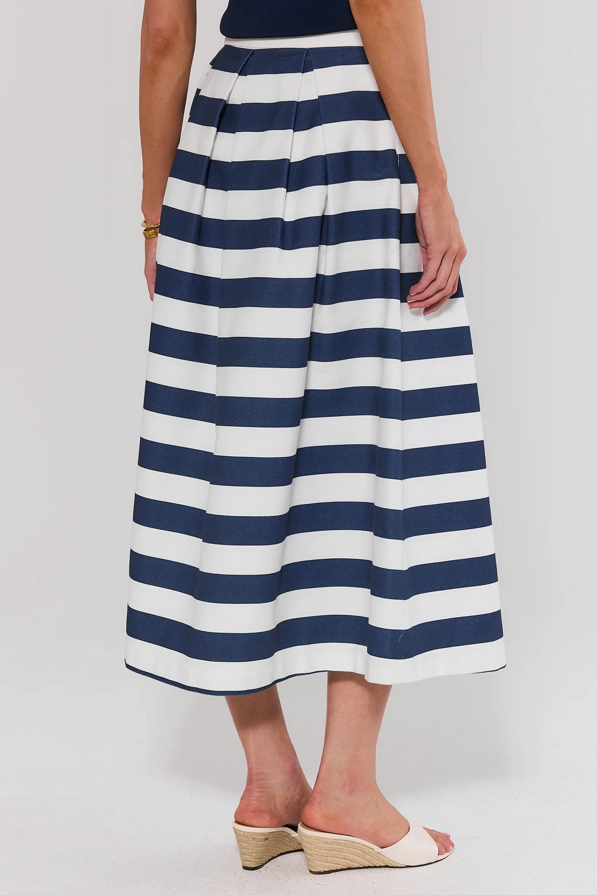 Navy blue and white striped A-line maxi skirt with pleated detail - Back View | Avara