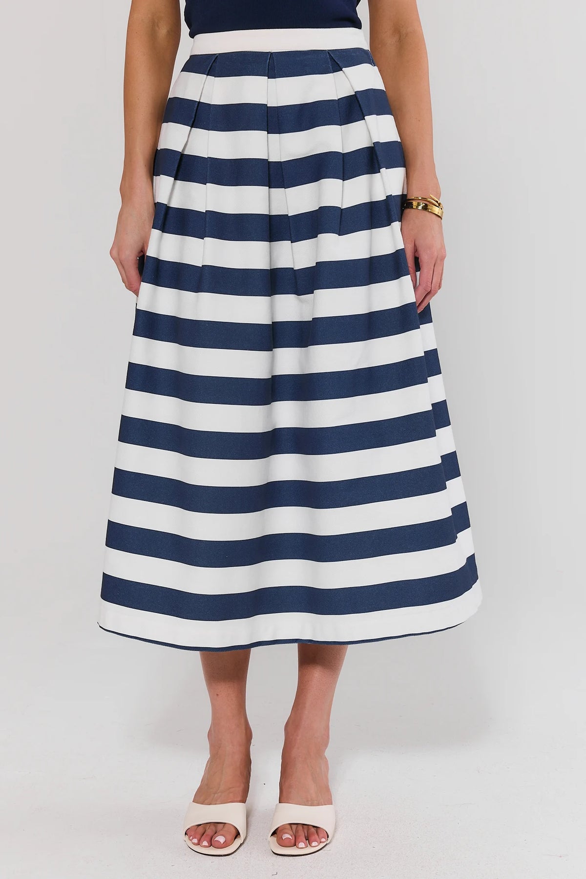 Navy and white striped pleated maxi skirt with high-rise waist - Front Close-Up | Avara