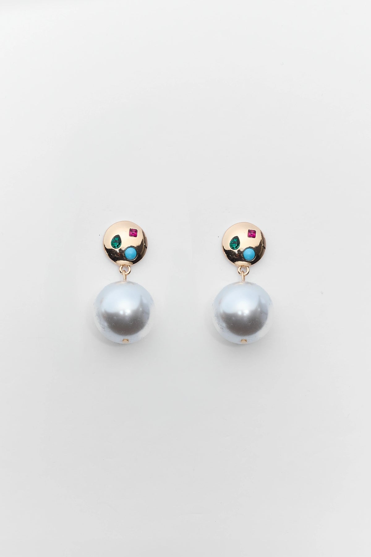 White Pearl Drop Earrings with gold-tone multi-stone studs - Flat Lay | Avara