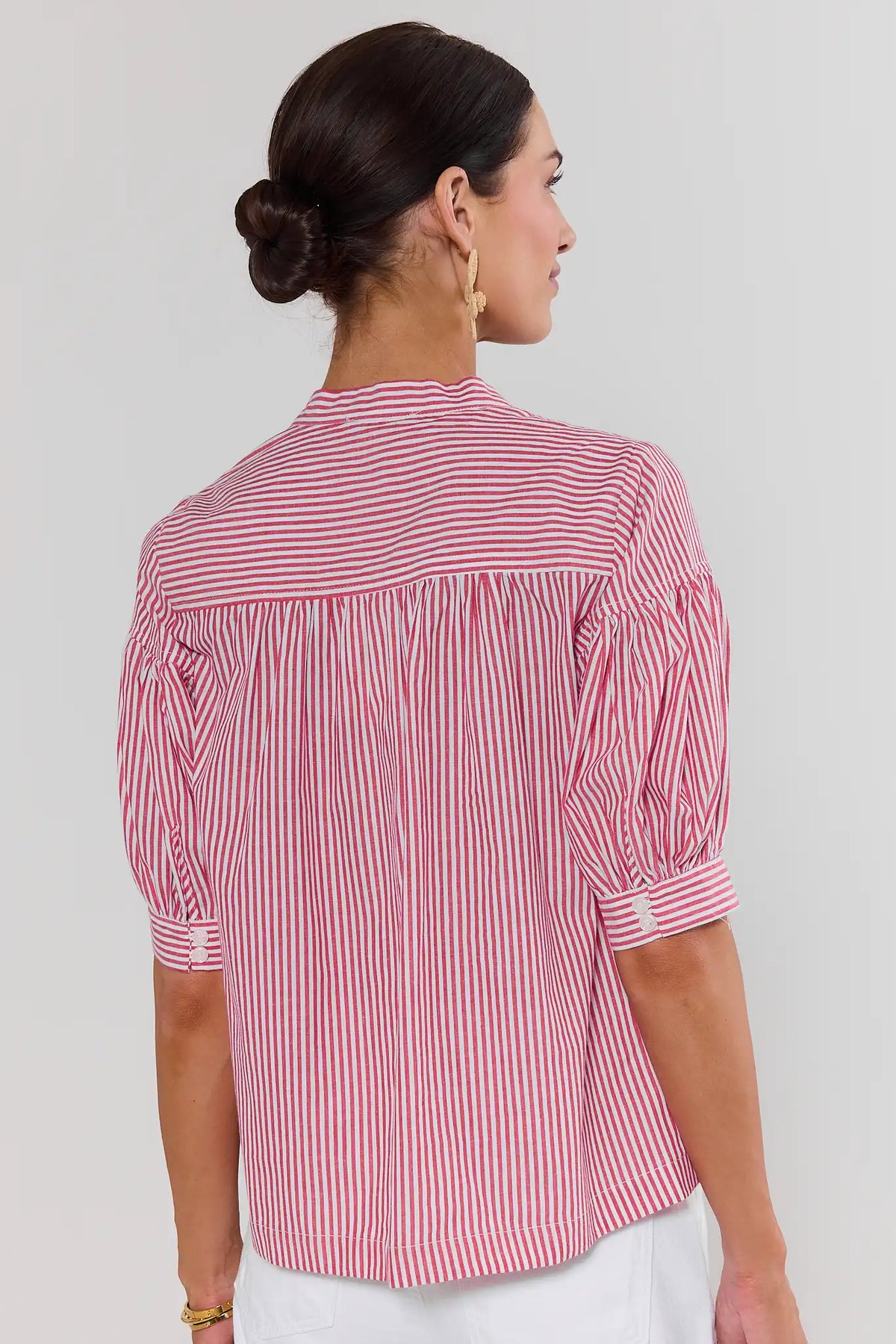 Melody Red Striped Short Sleeve Top - Back View, relaxed fit red stripe women's top with button cuffs | Avara