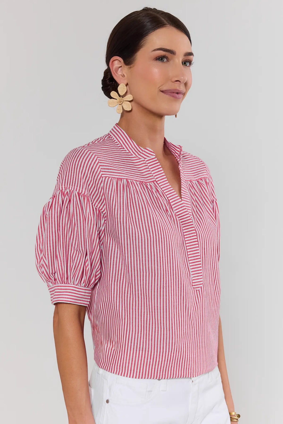 Melody Red Striped Short Sleeve Top - Side Profile View, puff sleeve red and white stripe top | Avara