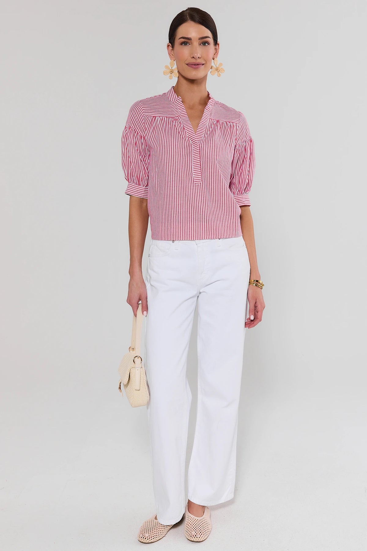 Melody Red Striped Short Sleeve Top - Full Body Front, styled with white wide leg jeans | Avara