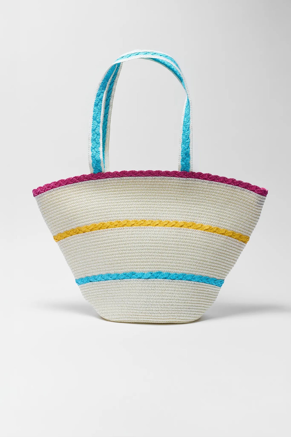Tan Multi Striped Straw Tote with colorful pink, yellow, and teal stripes - Front View | Avara