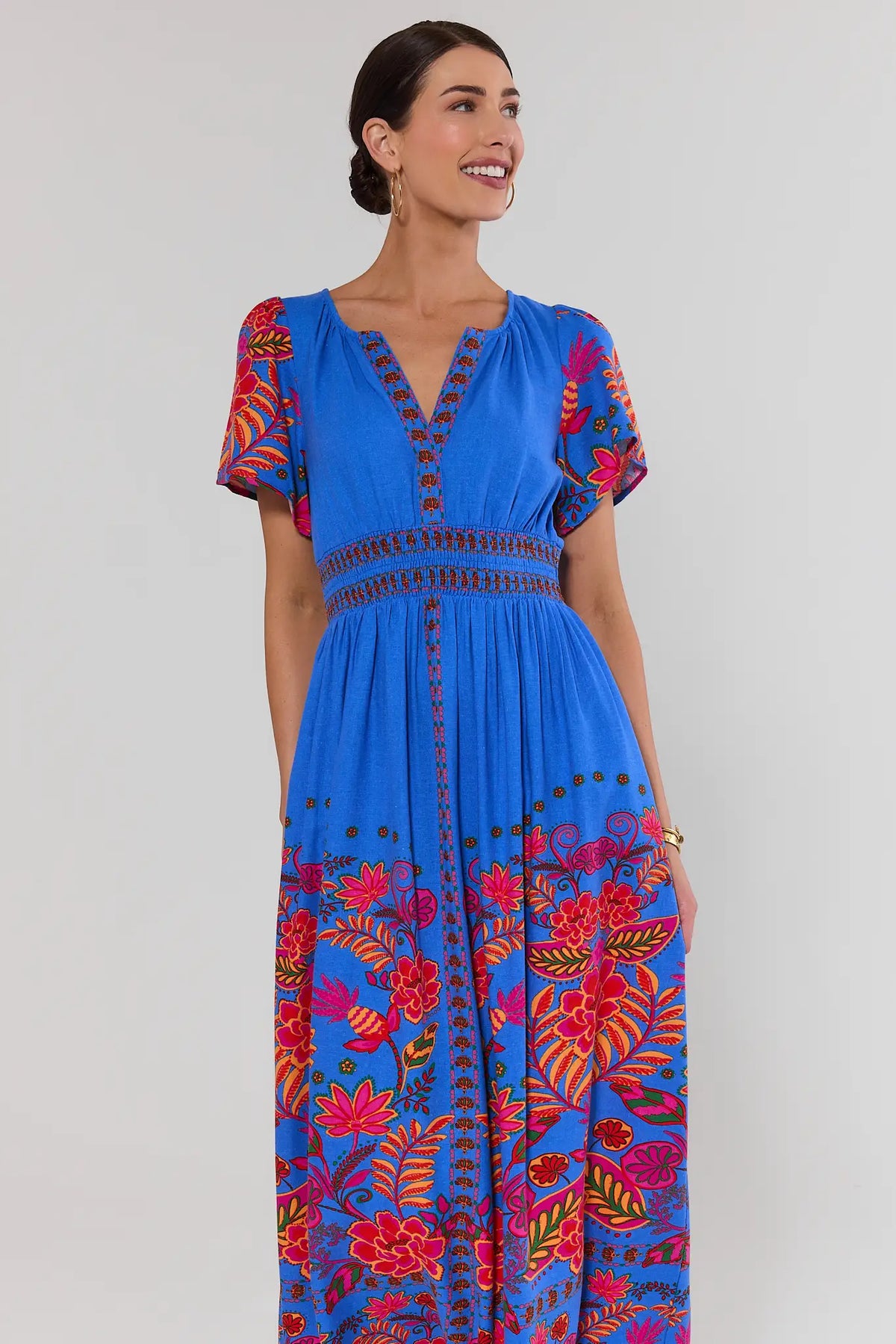 Blue multi floral printed maxi dress, smocked waist, short sleeves - Front Crop View | Avara